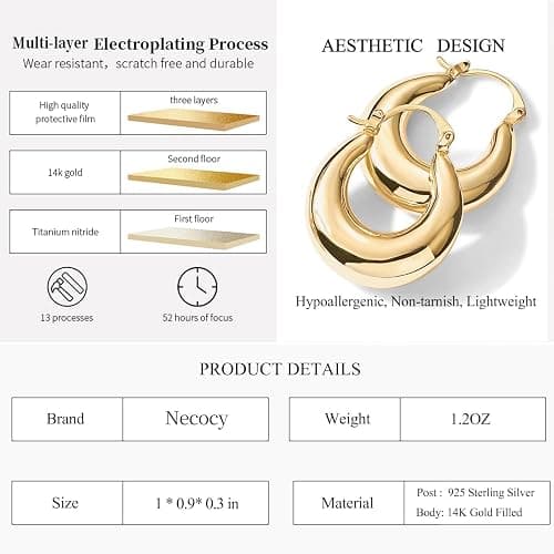 Necocy Chunky Gold Hoop Earrings for Women Non Tarnish, 14k Gold Plated Thick Triple Hoop Earrings Hypoallergenic Trendy Hoops Dainty Jewelry Gifts for Women thumbnail 5