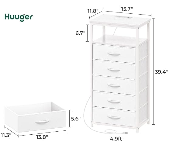Huuger White Dresser with 5 Drawers & Charging Station, Tall Dresser for Bedroom, Tall Night Stand with PU Leather Finish, Open Shelf, Nightstand for Bedroom, Closet, Hallway, Entryway thumbnail 3