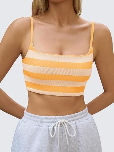 Aoysky Womens Striped Square Neck Sports Bras Spaghetti Straps Ribbed Padded Low Impact Yoga Workout Camisole thumbnail 2