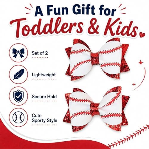 Danyarts 2PCS Baseball Hair Bow Clips for Girls, Game Day Baseball Bows | 2 red glitter baseball bow clips with alligator clips for girls, for game day, softball, team spirit and sports events. thumbnail 7