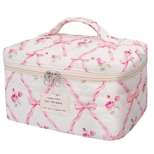 Large Makeup Bag, Cute Cosmetic Bag for Women Girls, Floral Coquette Aesthetic Toiletry Bag, Travel Make Up Organizer Bag (Pink Butterfly) - Image 1