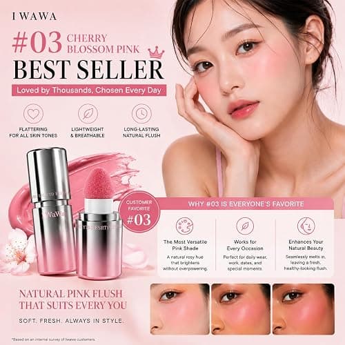 IWAWA Liquid Blush, IWAWA Puffy Liquid Blush – Jelly Texture Cream Blush with Sponge Tip, Matte Nude Buildable Blusher, Lightweight & Silky Feel, Natural Radiant Finish (03 Pink cherry blossoms) thumbnail 7