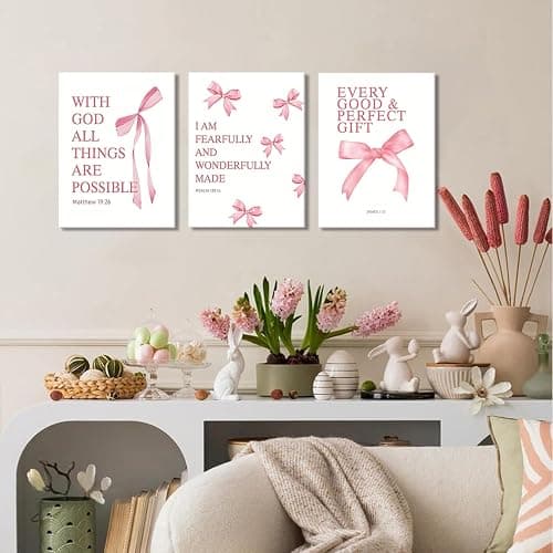 Coquette Pink Bow Canvas Wall Art Set of 3, Inspirational Bible Verses Decor Posters Pictures Prints Aesthetic for Girls Room College Apartment Living Room Bedroom Framed 12x16 Inch thumbnail 4