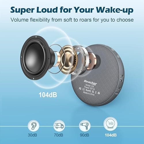 REACHER Super Loud Alarm Clock for Heavy Sleepers Adults Teens, Vibrating Alarm Clock Bed Shaker Under Pillow, Rechargeable Battery Powered for Travel, Auto-Dim, Portable thumbnail 4