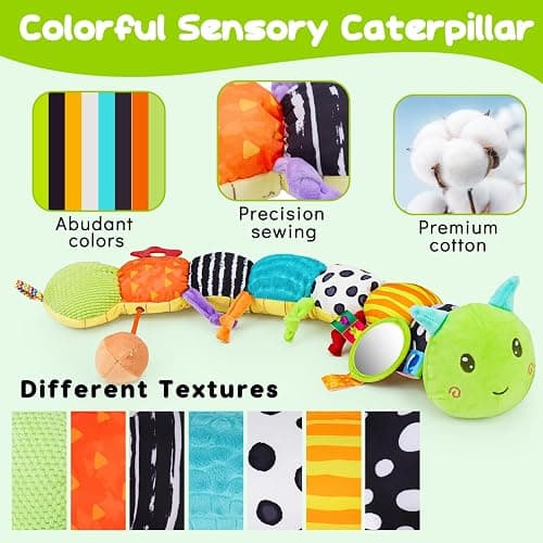 Baby Sensory Toy 0-6 Month Music Animal Stuffed Plush Caterpillar Toy for Infant 0-3-6-12 Month Old Tummy Time with Mirror Crinkle Rattle Toys for Newborn Boys Girl Shower Gifts Easter Basket Stuffer thumbnail 4