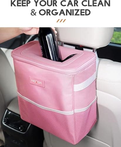 HOTOR Car Trash Can with Lid and Storage Pockets - 100% Leak-Proof Organizer, Waterproof Garbage Can, Multipurpose Trash Bin for Car, 2 Gallons, Pink thumbnail 2