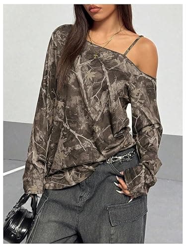 SOLY HUX Women's Camo T-Shirts Long Sleeve Cold Shoulder Loose Tee Shirts Vintage Streetwear thumbnail 4