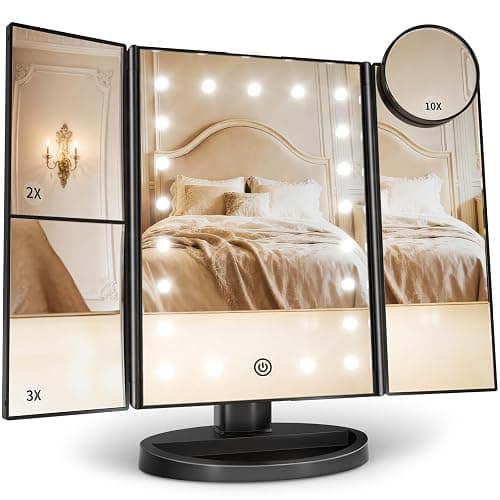 HUONUL 2X/3X/10X Magnifying Vanity Mirror with Light, Trifold Makeup Mirror | Touch Dimming, Dual Power, Clear View for Makeup, Skincare. Dorm Room Essentials. Birthday Gifts for Women, Mom, Wife, Girls - Image 1