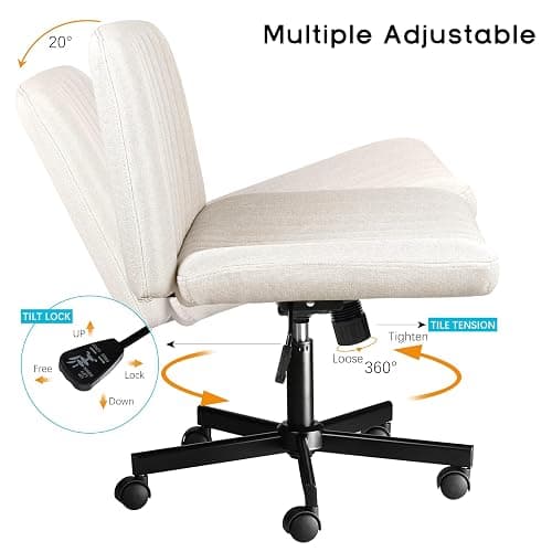 PUKAMI Criss Cross Chair with Wheels,Fabric Padded Armless Cross Legged Office Desk Chair for Home Office,Modern Swivel Height Adjustable Wide Seat(Beige) thumbnail 7