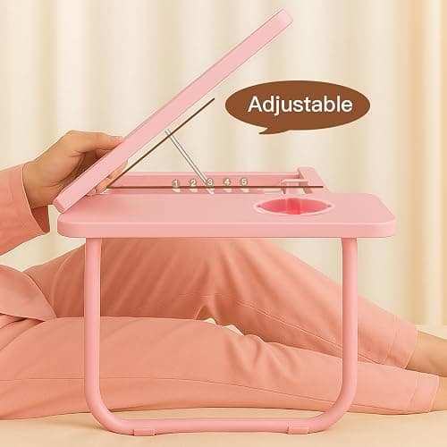 Holdfiturn Foldable Laptop Desk, Laptop Table with Cup Holder, Height Adjustable Computer Bed Tray Table, Reading Holder Notebook Stand for Eating Reading Working (Pink) thumbnail 5