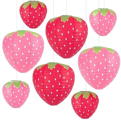 JIEFULL Strawberry Paper Lanterns, 8" & 12" Large Strawberry Hanging Lantern, Strawberry Hanging Decorations for Fruit Theme Birthday Party Decor(8 Pcs, Red & Pink) - Image 1