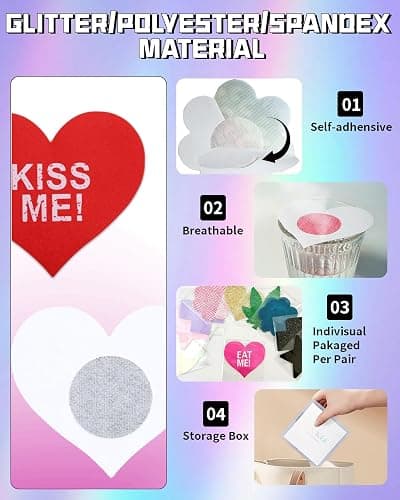 CICKEE Pasties Sexy Nipple Covers 9 Pack Fun Pasty Pack for Rave Party Goth Lingerie Heart X Breast Petals with Words - #1 Red Black thumbnail 2