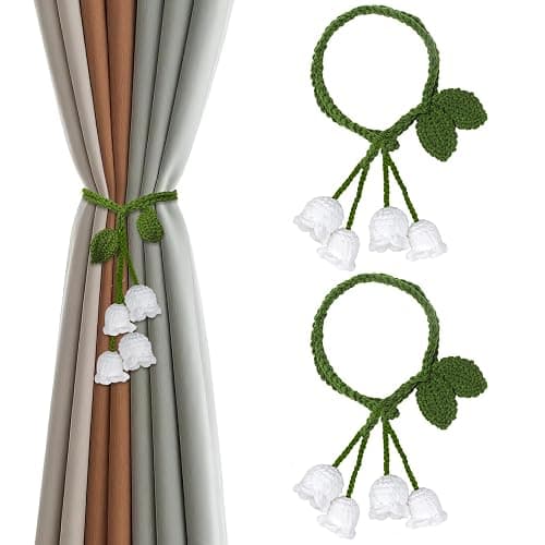 OCIOLI 2 Pack Boho Handmade Flower Curtain Tiebacks Curtain Holdbacks - No Drill Rope Curtain Holder, Drapery Holdback Decorative Pull Backs for Nursery & Bedroom Decor (2, Lily of The Valley) - Image 1