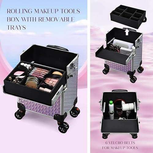 Yueieoun 5 in 1 Rolling Makeup Case, Cosmetology Case on Wheels Travel Make up Train Case Nail Cart Makeup Organizer Cosmetic Storage Box Cases Extra Large Trolley Truck with 360° Swivel Wheels, Pink thumbnail 4