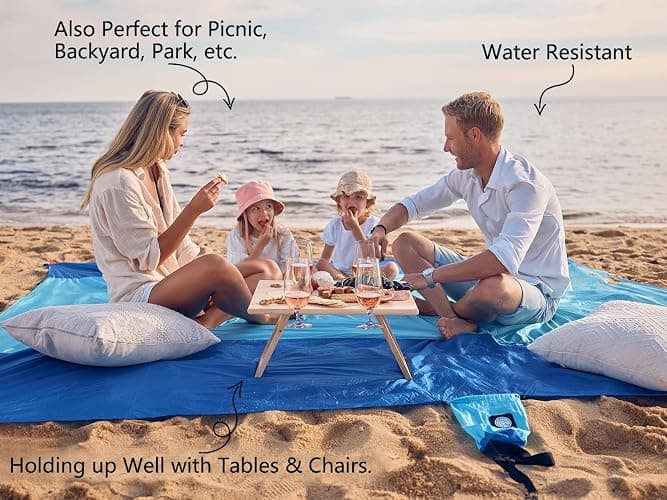 WEKAPO Beach Blanket Sandproof Waterproof, Extra Large Beach Mat, Oversized & Compact Sand Free Mat Quick Drying, Lightweight & Durable with Stakes & Corner Pockets thumbnail 4