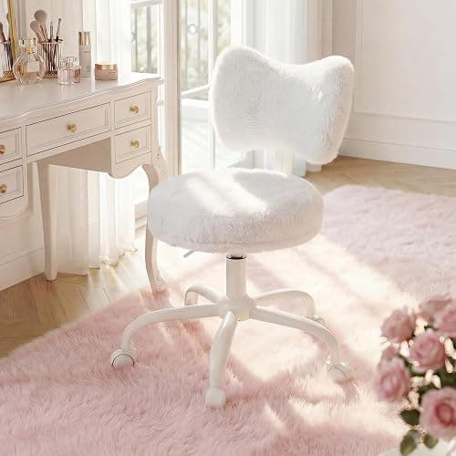 Homkdom Vanity Chair with Back, Swivel Chair with Wheels & Adjustable Height, Fluffy Faux Rabbit Fur Comfy Desk Chair for Vanity, Make-up Room, Bedroom, Dorm, Cute Bow Backrest, White thumbnail 6