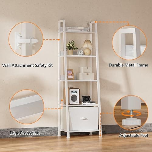 Furologee 5-Tier White Ladder Shelf, Ladder Bookshelf with Removable Drawer, Mordern Bookcase Storage Rack Organizer, Wood Metal Freestanding Storage Shelves for Living Room, Home Office, Bedroom thumbnail 8