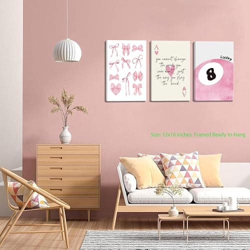 Trendy Pink Bows Canvas Wall Art Set of 3, Vintage Preppy Lucky 8 Ball Wall Decor, Pink Girly Room Aesthetic Posters Prints Painting for College Apartment Living Room Bedroom Framed 12x16 In thumbnail 4