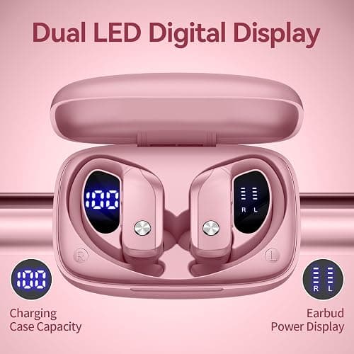 bmani Ear Buds Wireless Earbuds Bluetooth Headphones with 80H Playtime LED Display Case, Over-Ear Hook with Mic, Stereo Sound, Easy Button Controls, Sports Earphones for Running Workout Gym Pink thumbnail 3