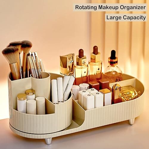 Rotating Makeup Organizer for Vanity with Brush Holder, Cosmetic Makeup Storage Organizer, Large Spinning Makeup Skincare Organizer, Countertop Makeup Perfume Organizer, Lotions Display Case Ivory thumbnail 7