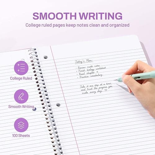 SUNEE Spiral Notebook, 1-Subject, College Ruled Paper, 8" x 10-1/2", 100 Sheets per Notebook, 3-Hole Punched Paper, Water Resistant Cover, Double-sided Pockets, Spiral Lined Notebooks for Work, Purple thumbnail 5