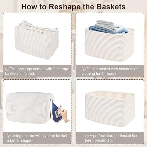 Degeyoyo Woven Storage Baskets, White Baskets for Organizing, 3 Pack Woven Basket for Storage, Decorative Storage Bins Baskets for Shelves, Towel, Toy, Book, Closet, Baby 14.96"×9.8"×8.85" thumbnail 9
