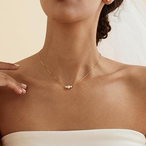 Decholly Gold Pearl Necklaces for Women Trendy, 14K Gold Plated Dainty Necklace Simple Layered Pearl Necklaces for Women Trendy Wedding Birthday Jewelry thumbnail 2