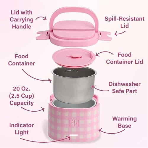 Paris Hilton Electric Lunch Warmer, 20-Ounce Stainless Steel Portable Food Container With Sealing Lid, Removable 2.5-Cup Inner Dish, Gingham Front Design, Pink - Image 1