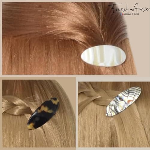 French Amie Oval Mini Silver Grey Onyx Tokyo Ivory Set of 3 Handmade Celluloid Hair Clip Barrette for Girls (2.5 inch) thumbnail 2