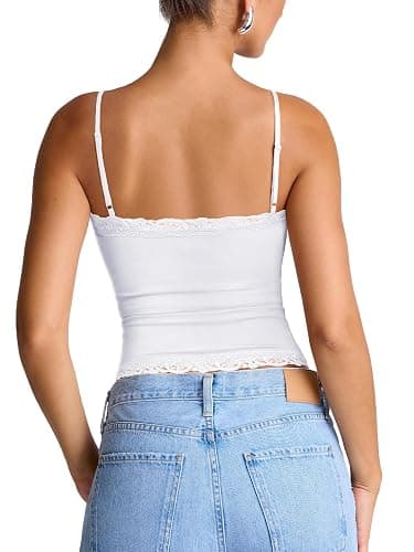 PINKMSTYLE Women's Sexy Square Neck Lace Cami Tank Tops Fitted Double Lined Sleeveless Crop Spaghetti Strap Summer Y2k Tops thumbnail 5