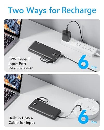 VRURC Portable Charger with Built in Cables, 10000mAh Travel Essentials Power Bank, 5 Output 2 Input LED Display External Battery Pack Compatible with iPhone,Samsung,Android-Black(1 Pack) - Black thumbnail 6