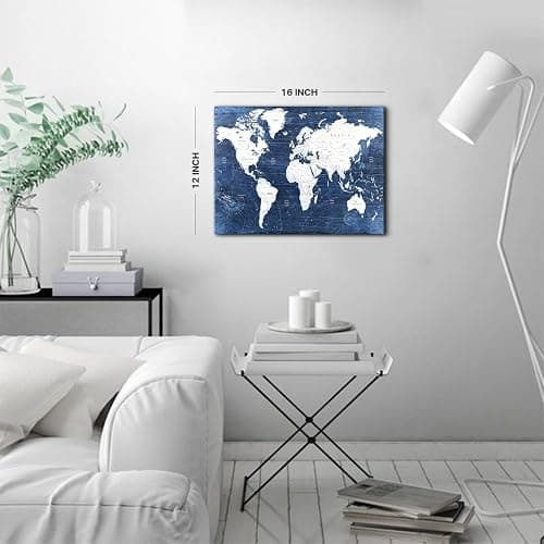 World Map Canvas Wall Art Modern Office Pictures Decorations World Maps for Living Room Wall Decor Retro Global Map Poster Navy Blue Framed Painting Artwork Home Bedroom Decoration 12x16” thumbnail 3