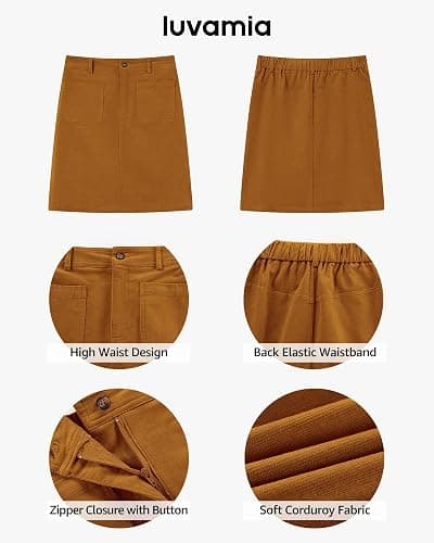 luvamia Corduroy Skirts for Women High Waisted Trendy Fall Elastic Waist Casual Stretchy Short Skirts with Patch Pockets thumbnail 6