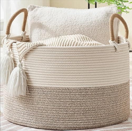 KAKAMAY Large Blanket Basket 20"x13", Cotton Rope Woven Laundry Storage Basket, Baskets for Toy,Stuffed Animal Storage, Dog,Toy Box, Gift Basket for Living Room Nursery Baby Hamper (Beige) - Image 1