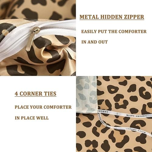 DuShow Satin Double Duvet Cover And 2 Pillowcases,3 Piece Satin Bedding Set,Soft Silky Cooling Duvet Cover Set, Satin Bed Sheets Double-Golden Leopard thumbnail 5