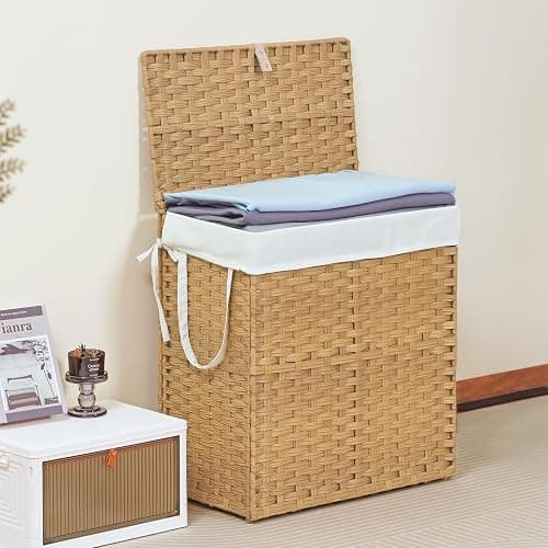 DUMOS Wicker Laundry Basket with Lid, 110L Woven Laundry Hamper with Handles, Foldable Rattan Clothes Hamper with Removable Liner & Sturdy Steel Frame, Goose Yellow thumbnail 4