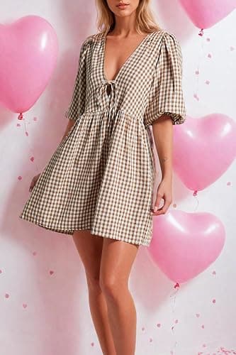 PINUPART Women's Gingham Puff Sleeve Tie Front Babydoll Mini Dress thumbnail 3