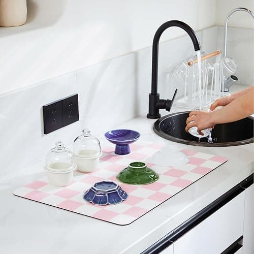 Ohocut Checkered Dish Drying Mat for Kitchen Counter, Coffee Bar Station Accessories, Retro Cute Aesthetic Girly Women Modern Absorbent Drainer Mat Kitchen Drying Mat Easy Clean, Pink 12" x 19" thumbnail 2