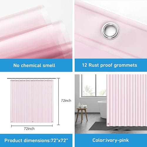 EHZNZIE Shower Curtain Liner Light Weight PEVA, Shower Liner 72x72 Inches, Waterproof, No Chemical Smell with 12 Rust Proof Metal Grommets for Bathroom Shower Curtain, Pink thumbnail 3