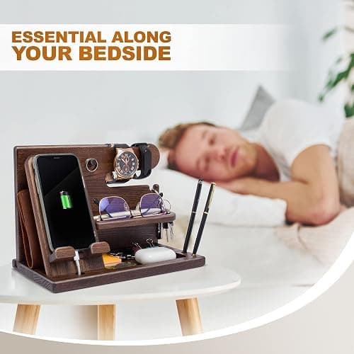 TESLYAR Wood Phone Docking Station for Men - Desk or Nightstand Organizer - Birthday Gifts for Husband, Dad - Anniversary Idea from Wife - Key Holder, Stand Wallet, Watch & Essentials (Bourbon Brown) thumbnail 5