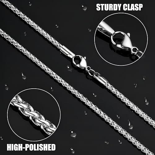 Fiusem Wheat Chains for Men and Women, 2/2.5/3/4/5mm Silver Tone/14K Gold Plated/Black Necklace Chain, Stainless Steel Mens Necklace 16-28 Inch thumbnail 7