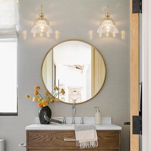 BrkNit Vintage Bathroom Light Fixtures Over Mirror, 1-Light Brass Wall Sconce Lighting with Flower Glass Shade, Farmhouse Vanity Lights for Bedroom Kitchen Living Room Hallway Light thumbnail 8