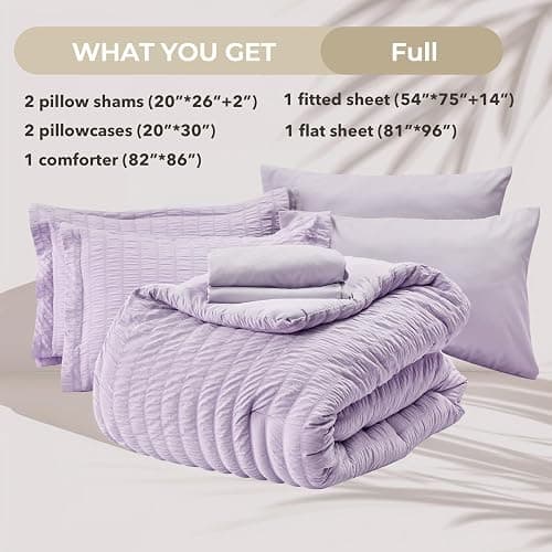HYMOKEGE Lavender Full Size Comforter Sets Seersucker 7 Pieces, All Season Luxury Bed in a Bag for Bedroom, Bedding Set with Comforters, Sheets, Pillowcases & Shams thumbnail 5