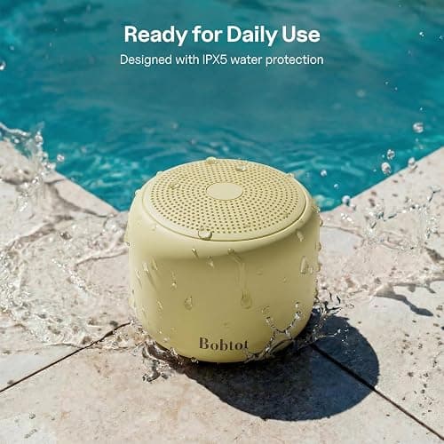 Bobtot Portable Bluetooth Speakers with Strap Easy to Carry Mini Speaker | Wireless Waterproof with Loud Stereo Sound, 20 Hours Playtime, Rechargeable Battery, Built-In Microphone, Beige thumbnail 5