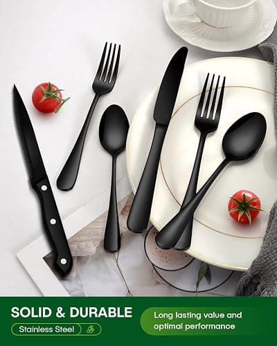 PHILIPALA 24-Piece Black Silverware Set with Steak Knives Food-Grade Stainless Steel Flatware Set for 4 Mirror Cutlery Include Spoon Fork Knife Set Dishwasher Safe Utensil Sets for Home Restaurant thumbnail 6