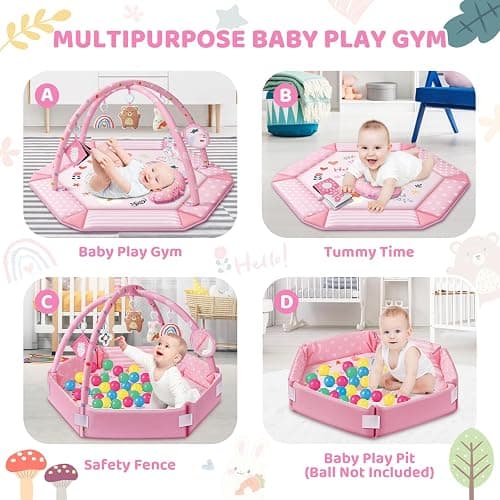 Baby Gym Play Mat, 8-in-1 Tummy Time Mat & Ball Pit with 6 Toys, Washable Baby Activity Mat for Visual, Hearing, Sensory, Motor Development, Babies Gift for Newborn Infant 0-3-6-9-12 Months (Pink) thumbnail 5