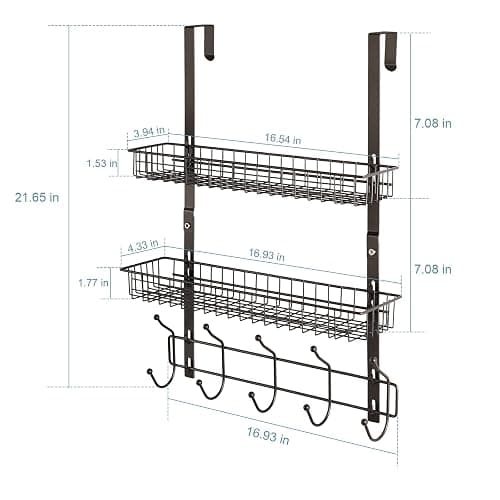OYEAL Türgarderobe mit 5 Haken, 2 Körben, Stahl, stabil, langlebig, Garderobenleiste, Handtuchhaken, Hänge-Organizer, Regale für Zuhause, Schlafzimmer, Badezimmer, Küche, Braun thumbnail 2