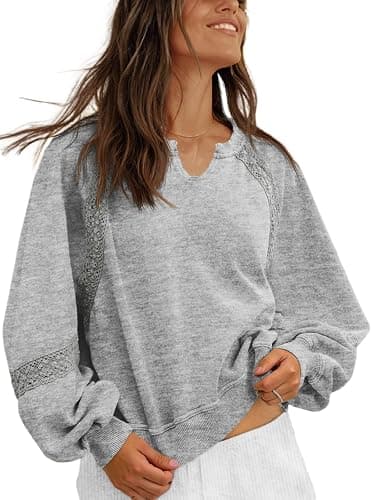 Fisoew Womens Oversized Sweatshirt Casual V Neck Lace Lantern Long Sleeve Cropped Loose Fit Fall Pullover Tops - Image 1