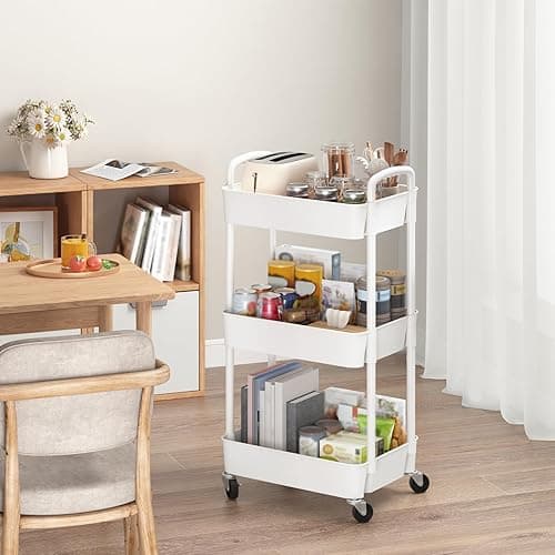 Sywhitta 3-Tier Plastic Rolling Utility Cart with Handle, Multi-Functional Storage Trolley for Office, Living Room, Kitchen, Movable Storage Organizer with Wheels, White thumbnail 3