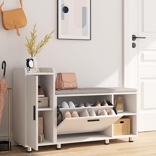 Maupvit Shoe Storage Bench with Flip Drawer Shoe Cabinet, 8 Adjustable Metal Feet, White thumbnail 3